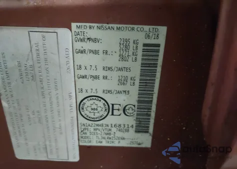 2018 Nissan Murano S/Sl/Sv/Platinum из США, поврежденный, VIN 5N1AZ2MH8JN168314